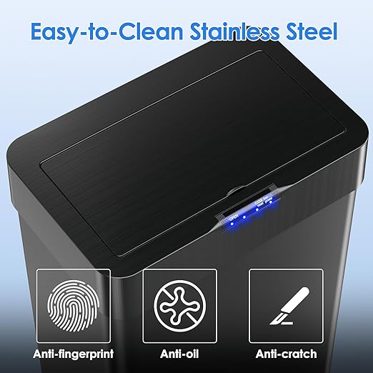 AthLike Sensor Trash Can, Touchless Motion Sensor Trash Bin, Smart Automatic Garbage Can with Soft-Close Lid, Bag Retainer Ring and Display Light,for Kitchen,Living Room Office (Black, 16 Gal)