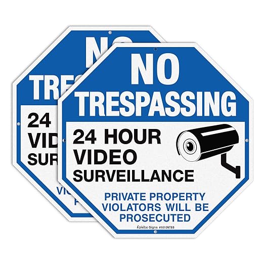 2-Pack No Trespassing Sign Private Property Protected By Video Surveillance Violators Will Be Prosecuted Sign, 10 x 10 Inch Reflective Aluminum, UV Protected, Weather/Fade Resistant, Easy to Install