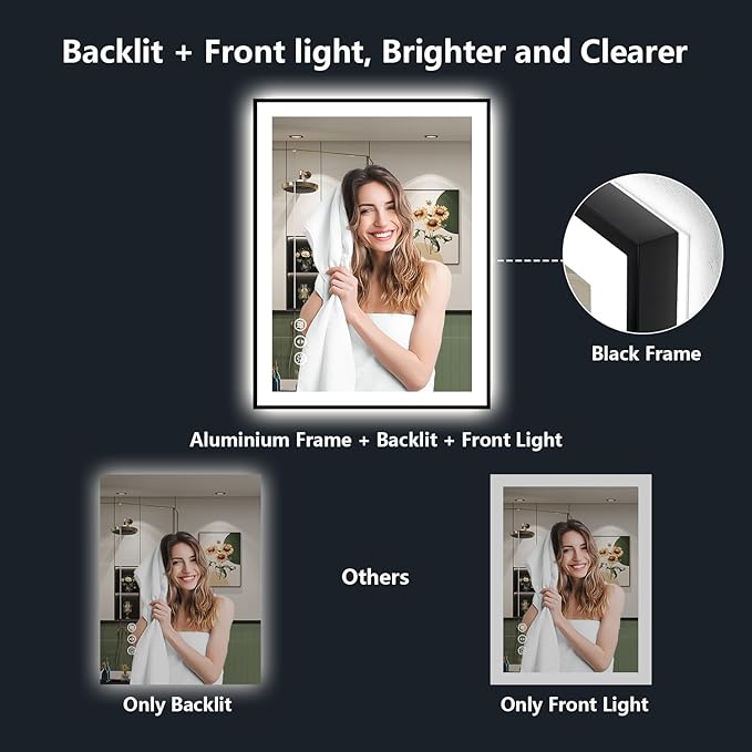 YEELAIT 28x32 Inch LED Bathroom Mirror with Lights (Front Lit and Backlit) Black Framed Lighted Vanity Mirror for Bathroom Wall Dimmable Anti-Fog Memory Tempered Glass Horizontal/Vertical