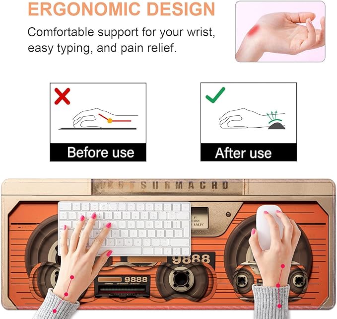 Ergonomic Keyboard Wrist Rest & Mouse Pad Wrist Rest Set, Large XXL Gaming Desk Mat 31.5"x 11.8" with Non-Slip Base, Memory Foam, Easy Typing Pain Relief for Home & Office, Retro Tape Recorder