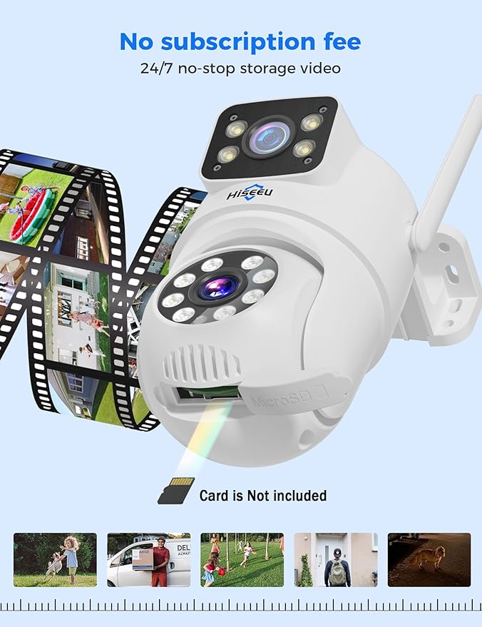 Hiseeu WiFi Security Camera Dual Lens 5G/2.4G WiFi PTZ Camera Outdoor,Power Cord,IP65 Waterproof Motion Tracking,Color Night Version, No-Monthly Fees