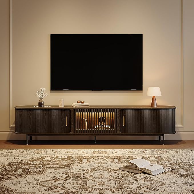 POVISON Sliding Tambour Door TV Stand with LED Lights, Mid Century Modern TV Console, Wood Media Console, Entertainment Center with Storage Cabinet, Fully-Assembled (Black, 94.49")