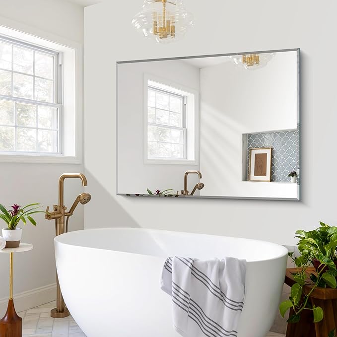 CILIBER Beveled Mirror, 36x48 Inch Large Frameless Bathroom Mirrors for Over Sink, Lightweight Design Beveled Frameless Vanity Mirror, Crystal-Clear 3mm Tempered Glass, Horizontally or Vertically
