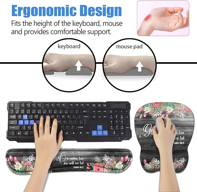Ergonomic Mouse Pad Wrist Support and Keyboard Wrist Rest Set with Coasters, Non-Slip PU Base, Easy Typing & Pain Relief for Computer Laptop Home Office, Floral Quote Bible Verse Psalm 46:5