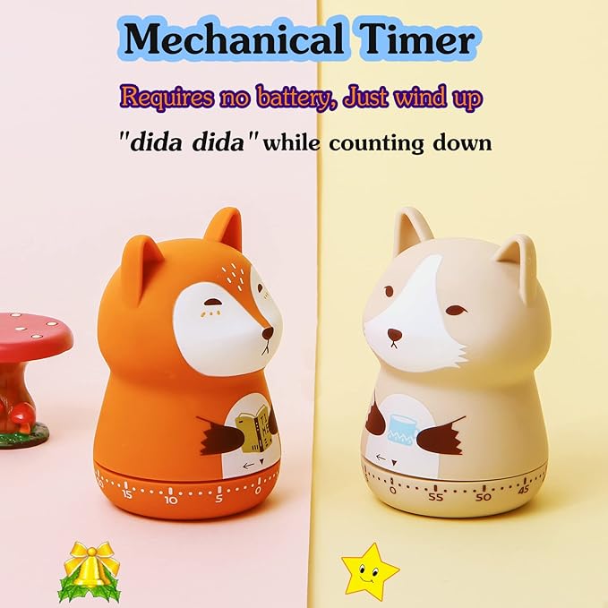 NUOSWEK Mechanical Kitchen Timer, Cute Animal Timer for Kids, Wind Up 60 Minutes Manual Countdown Timer for Classroom, Home, Study and Cooking (Beige Wolf)