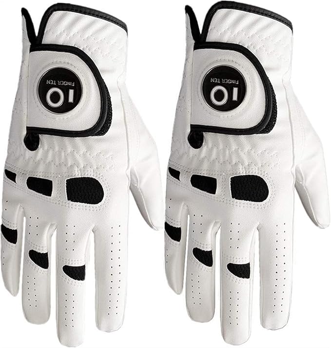 FINGER TEN Men’s Golf Gloves Left Hand Right with Ball Marker 2 Pack, Weathersof Grip Soft Comfortable, Fit Size Small Medium ML Large XL