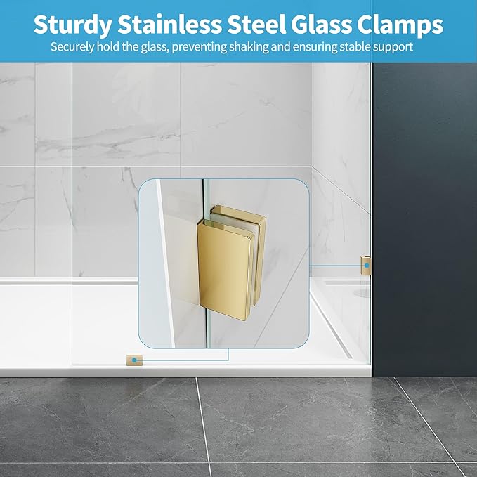 Shower Glass Panel, 35" W x 78.75" H Fixed Shower Screen Panel with 3/8"(10mm) SGCC Clear Tempered Glass, Frameless Walk in Shower Door for Bathroom (Bright Gold, 35" W x 78.75" H)