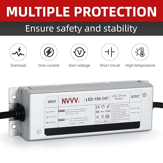 24 Volt LED Driver 150 Watts Power Supply Waterproof IP68 Low Voltage Transformer Adapter 90-265V AC to 24V DC Converter for LED Strip, Indoor Outdoor Lighting Built-in Active PFC Function