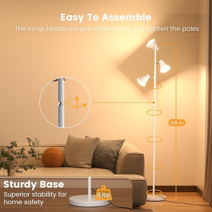 SIBRILLE 36W LED Tree Floor Lamp, Dimmable Tall Standing Lamp with Remote & Touch Control, 4 Color Temperatures Bright Floor Lamp, 3 Rotatable Light Modern Floor Lamps for Living Room Bedroom Office