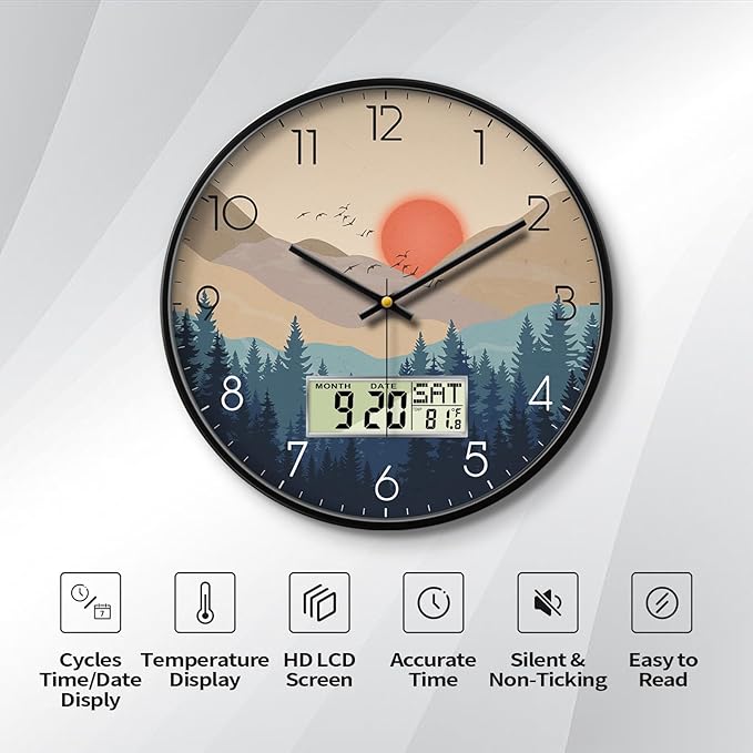 Silent Wall Clock with Day Week Temperature Wilderness with Sunset Non-ticking Battery Operated Large Digital Modern Clocks Display with Calendar and Date for Kitchen Farmhouse Bathroom Office 12 Inch