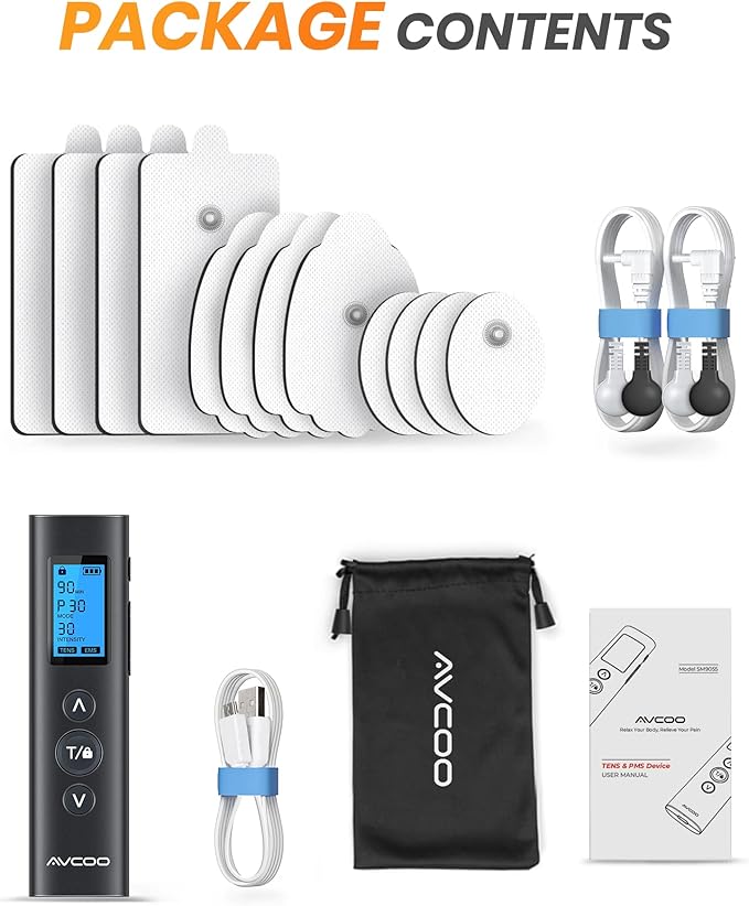 AVCOO 30 Modes TENS EMS Unit Compact Muscle Stimulator for Pain Relief of Back, Shoulder, Neck, Rechargeable & Portable Dual Channel EMS Muscle Stimulator with 30 Intensity Levels, 12 Electrode Pads