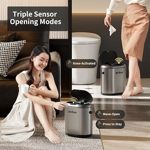 MRBIN Automatic Adsorption Metal Trash Can for Bathroom, Touchless Garbage Bin with Lid, 3.2 Gallon Slim Trash Can for Office and Bedroom, Electric Motion Sensor Waste Basket, Eclipse Grey