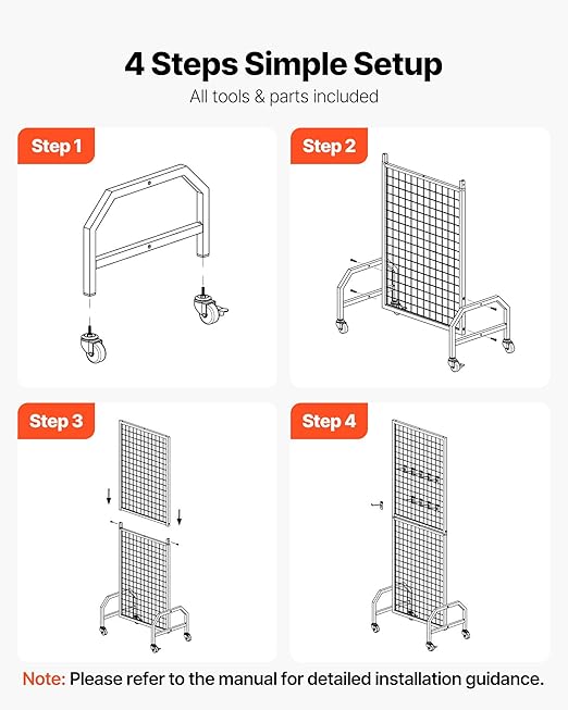 VEVOR Grid Wall Panel, 1.9 x 5.4 ft Wire Grid Panels Display Rack, Movable Art Display Shelf with Wheels and 10 Hooks, Black Carbon Steel Gridwall for Craft Show, Decoration, Storage, Notice Board