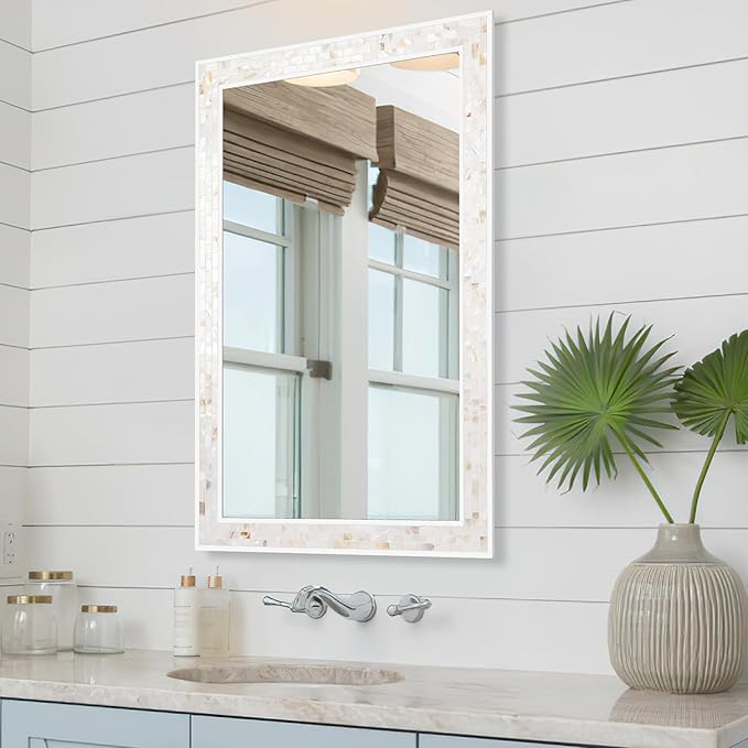 Tanmicoshomy 26 x 40 Inch Rectangle Wall Mirror, Natural Shell Framed Rectangular Mirror for Bathroom, Vanity, Bedroom, Living Room, Entryway, Wall Mounted Horizontal or Vertical, White