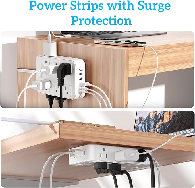 Solidock Flat Plug Power Strip Surge Protector with 12 AC Outlets 6 USB Ports 3 Side Multi Plug Outlet Extender 5 Ft Extension Cord for Home Office Kitchen Dorm Wall Desk Charging Station ETL Listed