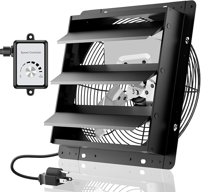HG Power 12 Inch Attic Fan with Speed Controller, 971 CFM Shutter Exhaust Fan with EC Motor, Wall Mounted Greenhouse Fan for Shed, Basement, Gable, Chicken Coop Ventilation Use, Black