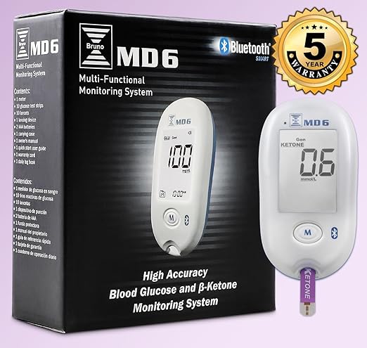 Bruno MD6 Blood Ketone & Glucose Monitoring System | Track Your Ketones & Ketogenic Diet Progress | Ketosis Test Kit with Lancing Device, 10 Keto Strips + 50 Lancets