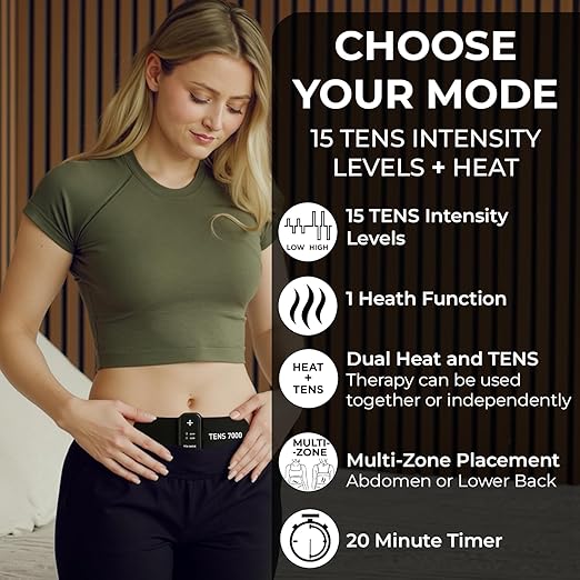TENS 7000 Heat + TENS Unit for Menstrual Cramp Relief - Wearable Period Pain Device with Heat Therapy & 15 Intensity Levels, USB-C Rechargeable, Discreet & Portable