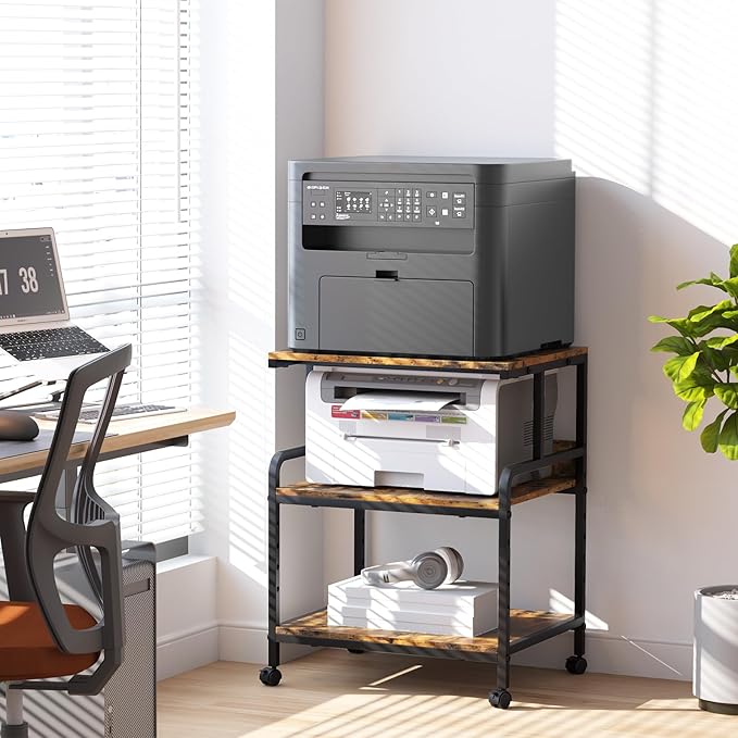 Arbuxzuy Large Printer Stand with Storage Shelf, 23.6" W x 18.9" D Printer Cart with Wheels, 3 Tier Mobile Printer Table for Home Office,Stands for Heat Press Scanner Fax (Brown)
