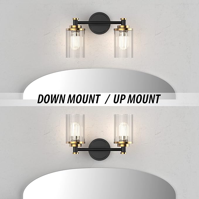 PHIXART Bathroom Lighting Fixtures Black and Gold Bathroom Vanity Light with Cylindrical Clear Stripes Glass Lampshade E26 Socket Base Bathroom Lighting Fixtures Over Mirror (2 Lights)