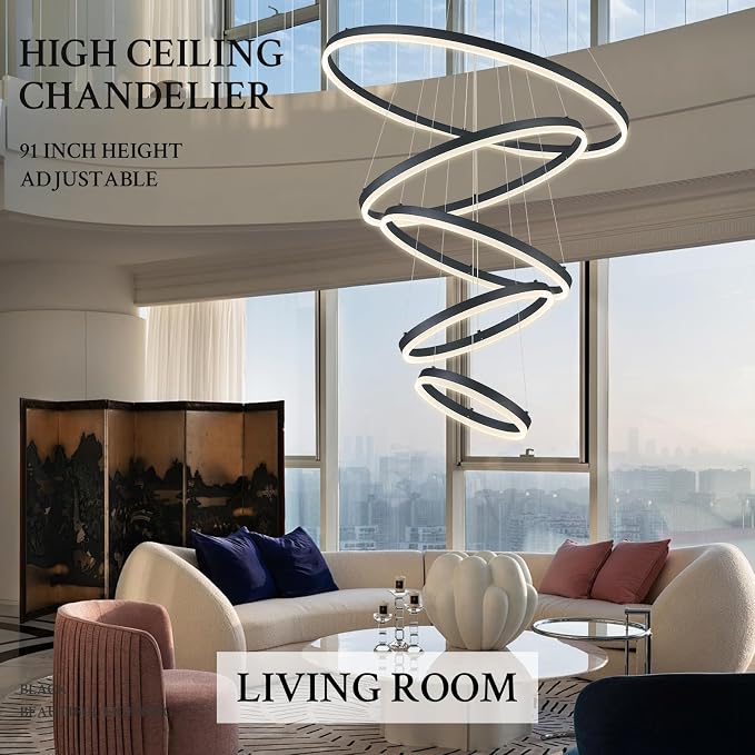 5-Rings D31.5in Modern LED Chandelier Black Dimmable High Ceiling Chandeliers - Image 7
