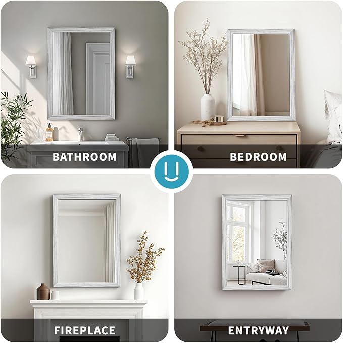 White Wood Effect Framed Wall Mirror, 22x30 Rectangle Mirror, 1/8" Anti-desilvering Tempered Glass, Sustainable& Sturdy Frame, Anti-Rust, HD Reflection &3min Fast Setup for Bathroom Living Room