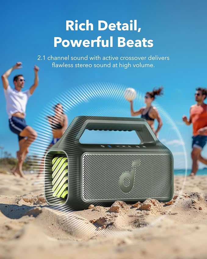 Soundcore Boom 2 by Anker, Outdoor Speaker, 80W, Subwoofer, BassUp 2.0, 24H Playtime, IPX7 Waterproof, Floatable, RGB Lights, USB-C, Custom EQ, Bluetooth 5.3, Portable for Camping and Beach - Green