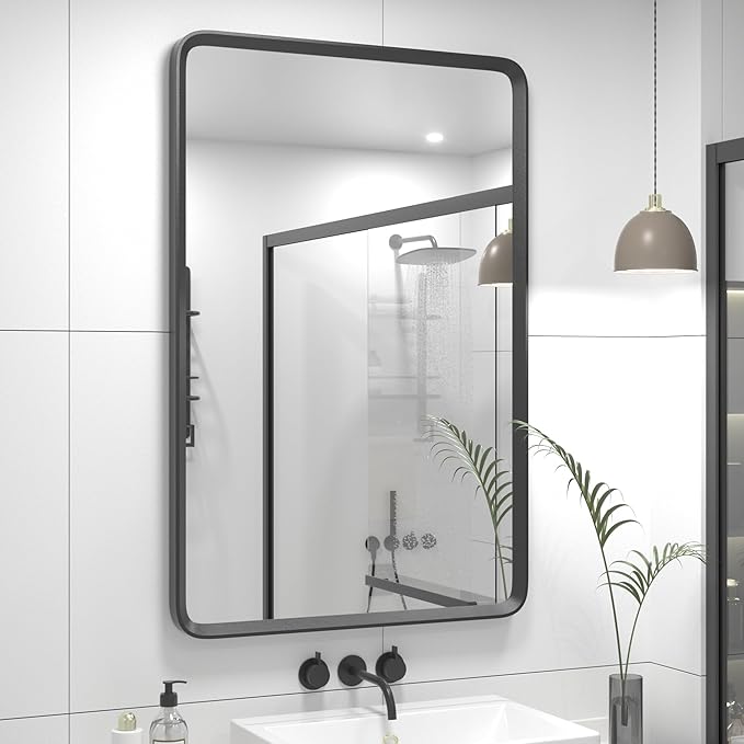 24x36 Black Matte Bathroom Mirror for Wall, Rounded Rectangle Vanity Mirror for Bathroom, Tempered Glass, Anti-Rust, Shatterproof (Horizontal/Vertical)