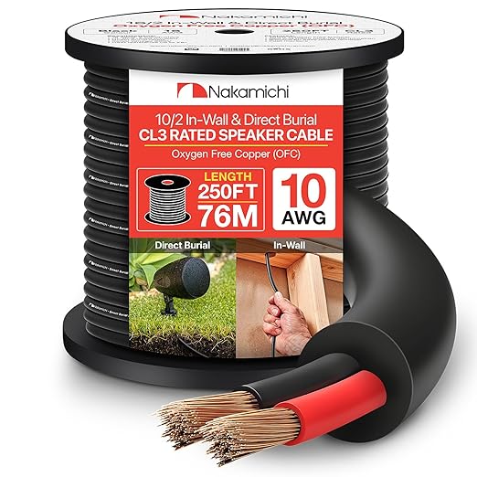 Nakamichi 10/2 (250-Foot) in-Wall & Direct Burial (UL CL2 CL3 Rated) Oxygen-Free Copper (OFC) 2-Conductor Speaker Cable Wire, Outdoor In-Ground, in-Ceiling, Riser, Black (10AWG / 250ft / 76.21m)