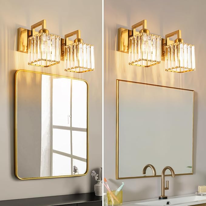 FDPBY Modern Bathroom Vanity Light 2-Lights Gold Crystal Wall Lamp Bathroom Modern Crystal Vanity Lighting