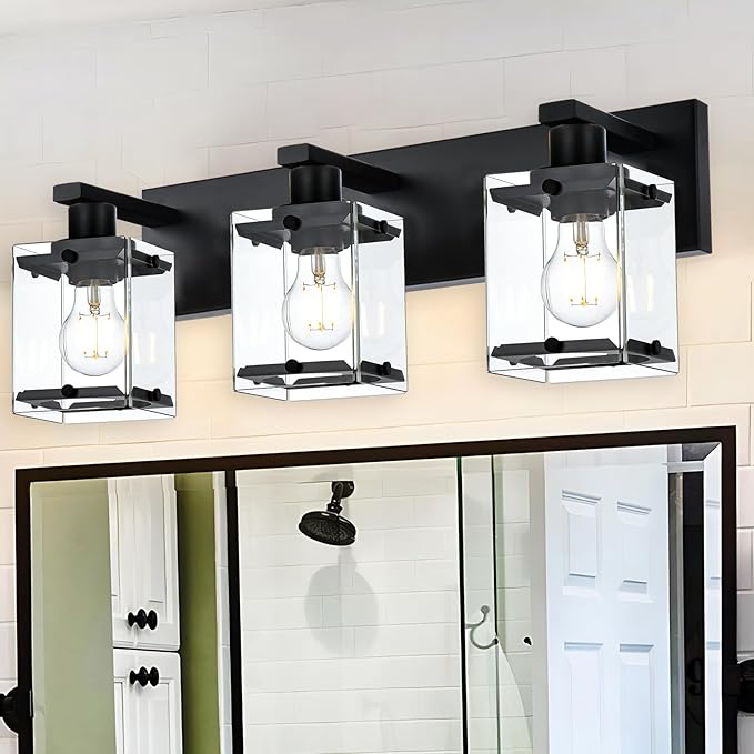 WINSHEN 3-Light Black Bathroom Light Fixture Over Mirror, Vanity Wall Lighting with Rectangular Clear Glass, E26 Bulb Base