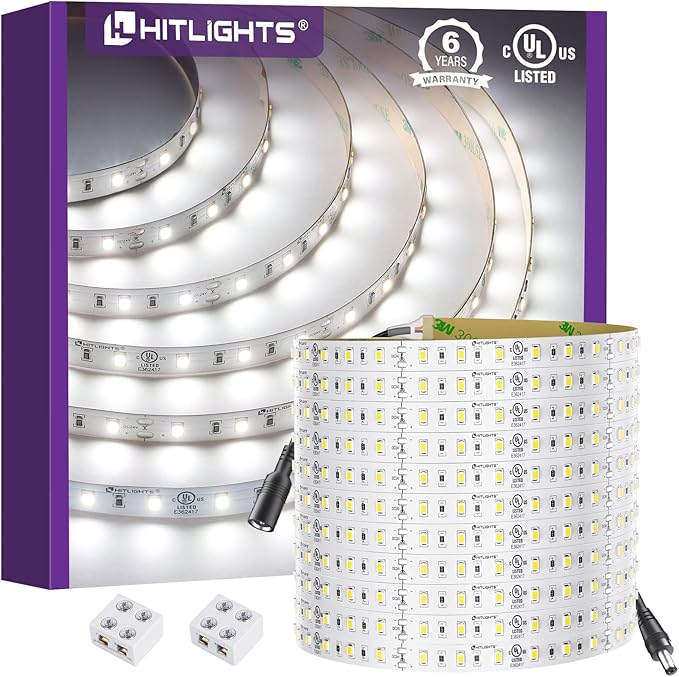 HitLights White LED Strip Lights 5000K 24V, 26.2ft Cuttable Tape Backed 3oz PCB, UL Listed, 1325 Lumen/m, CRI>95, IP20, Lighting for Living Room, Kitchen, Under Cabinets (Power Source Not Included)