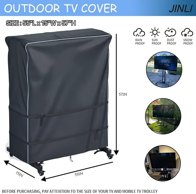 JINLI 55-60 inch outdoor TV trolley cover, courtyard TV cover, Oxford fabric waterproof and dustproof, triple windproof design, compatible with rolling/mobile stand