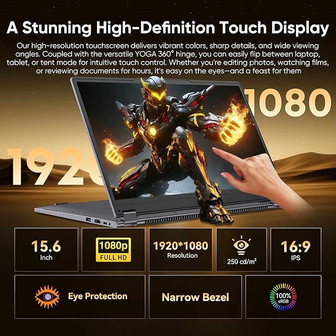 Moxalc Laptop Computer, 15.6" 16GB RAM 512GB SSD AMD Ryzen R3 3200U(up to 3.5 GHz) Radeon Vega 3 360° Yoga FHD IPS Touchscreen Notebook Win 11 Pro Office Suite 2.4G&5G WiFi 5 BT 5.0 Blacklit Keyboard