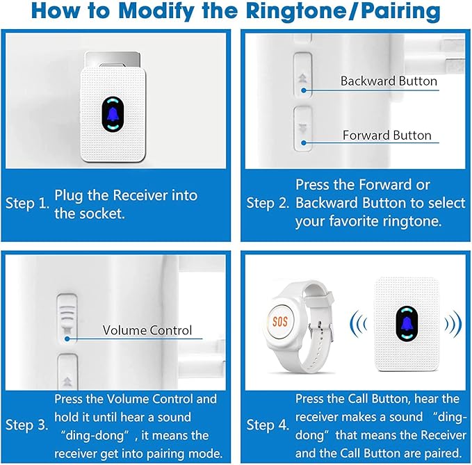 Daytech Wireless Caregiver Pager Call Button Elderly Nurse Alert System for Elderly Monitoring/Seniors with 2 SOS Call Panic Buttons & 2 Watch Pagers, 500+Feet 3 Receivers
