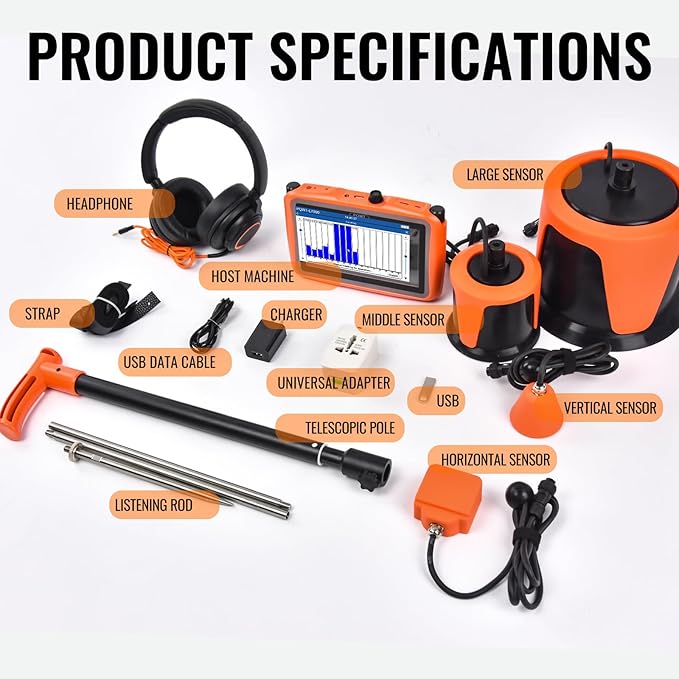 PQWT L7000 Underground Water Leak Detectors Indoor Outdoor Wall Water Pipe Detector Machine Multi Sensor Acoustic Pipeline Leakage Detection Kit Noise Reduction Headphone Smart Touchscreen Carry Case
