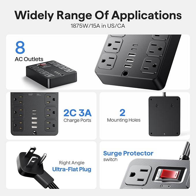 13 in 1 Surge Protector Power Strip Flat Plug 8 Widely AC Outlet 3 USB Ports,1250W/10A，5 ft Extension Cord with Multiple Outlets, Desk Extender for Dorm, Home,Travel， Office Essentials,ETL Listed