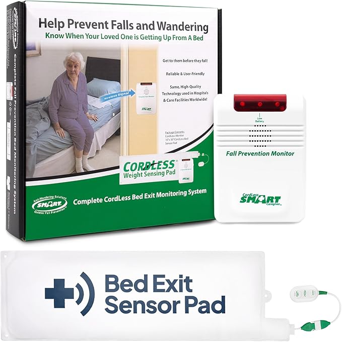 Smart Caregiver Wireless Bed Pad Alarm System with Weight Sensor Pad for Fall Prevention | 10" x 30" Alarm Pad for Bed Alerts Medical Caregiver | Cordless Bed Alarm with Up to 300' Range