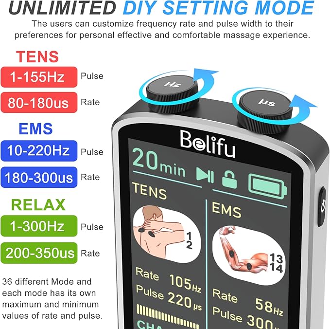 TENS EMS Unit Muscle Stimulator for Pain Relief Therapy - 4 in 1 TENS & EMS & Relax & Custom Frequency+Pulse - Muscle Massager 36 Modes 20 Intensity, Memory & Favorites Function, 3.8" Color Display