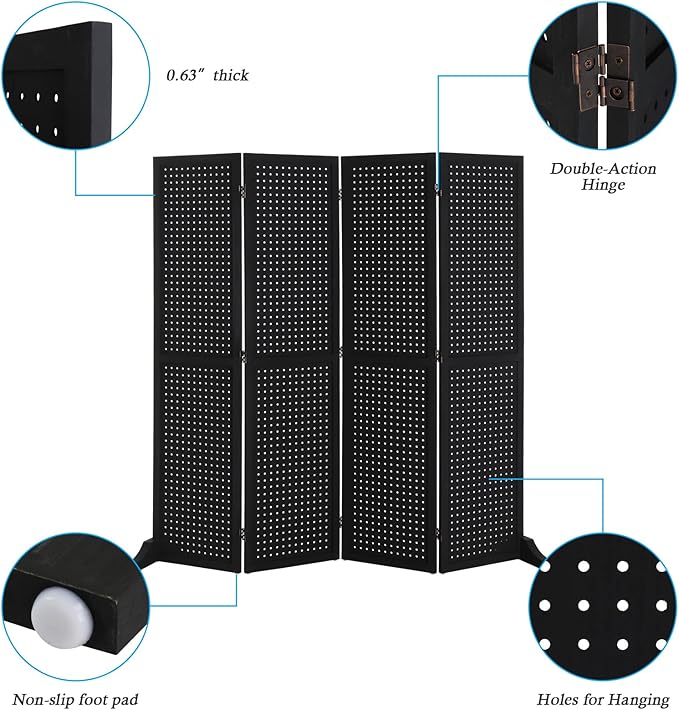 Bonnlo 4 Panel Pegboard Freestanding, 5 FT Portable Display Board Organizer for Craft Show Jewelry, Wooden Folding Privacy Screen Room Divider (with Base, Black)