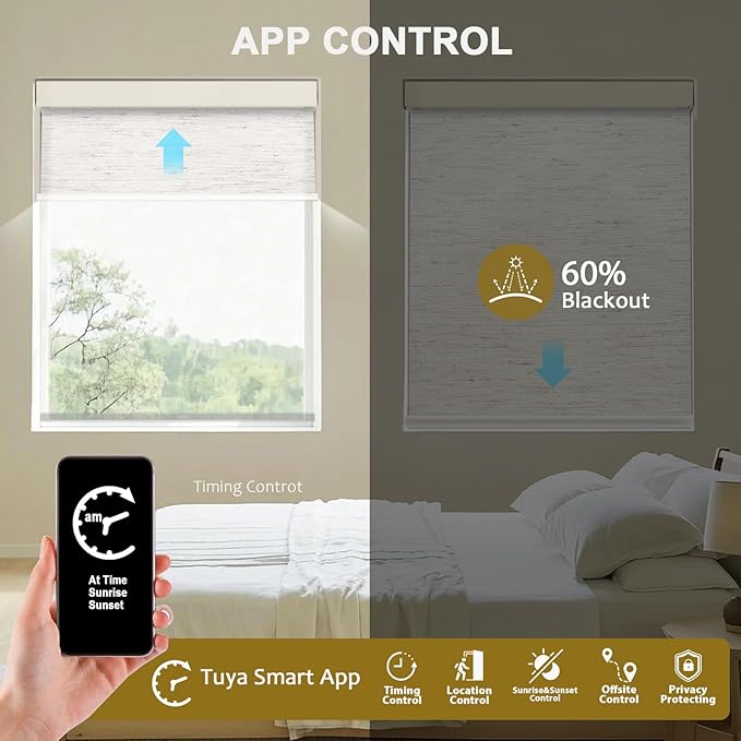 COOLWINDS Motorized Blinds with Remote Cordless Automatic Motorized Shades Custom Blinds for Windows Smart Curtains Compatible with Alexa Google Home(Light Filtering Linen Sandy Beach,W34 x H72in)