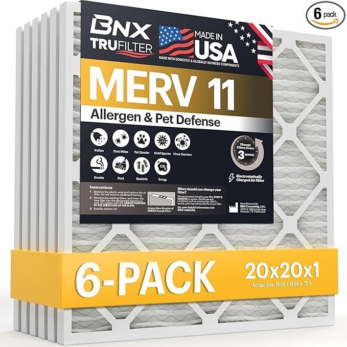 BNX TruFilter 20x20x1 Air Filter MERV 11 (6-Pack) - MADE IN USA - Allergen Defense Electrostatic Pleated Air Conditioner HVAC AC Furnace Filters for Allergies, Dust, Pet, Smoke, Allergy MPR 1200 FPR 7