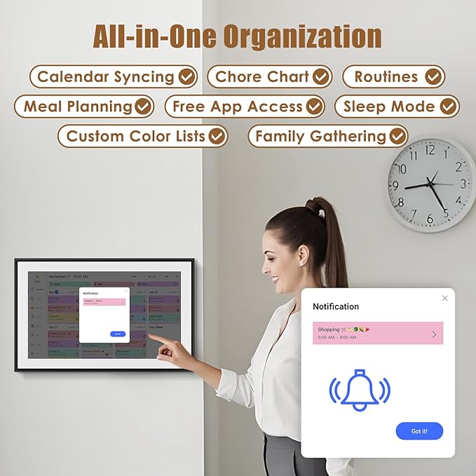 15.6 inch Wall Planner Digital Calendar Electronic Calendar Chore Chart,Smart Touchscreen Full HD Interactive Display for Family Schedules,Wall/Desk Mountable for Seamless Scheduling/Organizing