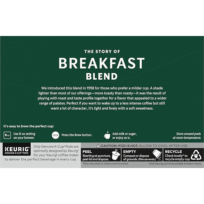 Starbucks K-Cup Coffee Pods, Medium Roast Hot or Iced Coffee, Breakfast Blend, 60 Keurig Pods