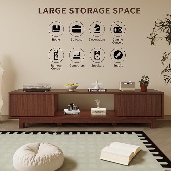 Maggym 70″ TV Stand with Storage, Modern Media Console with 2 Doors and Open Shelves, Entertainment Center for Living Room, Walnut