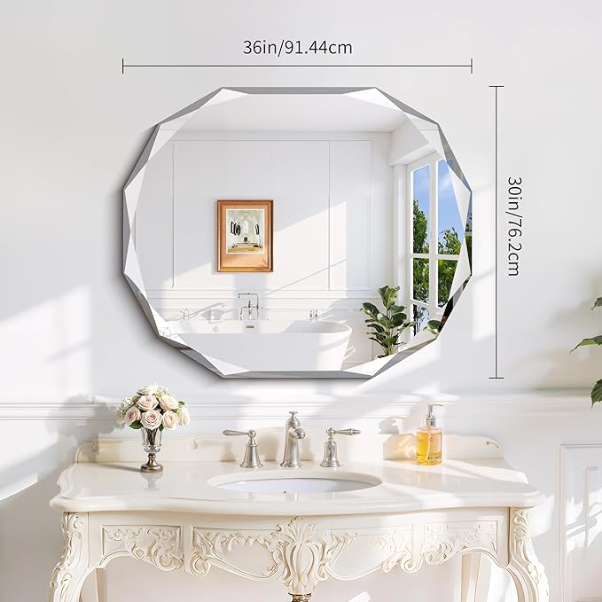 GLASHOM Frameless Bathroom Mirror, 30x36 inch Vanity Mirror Beveled Edge Wall Mounted, Modern Frameless Mirror for Bathroom, Living Room, Entryway Mirror Horizontal or Vertical