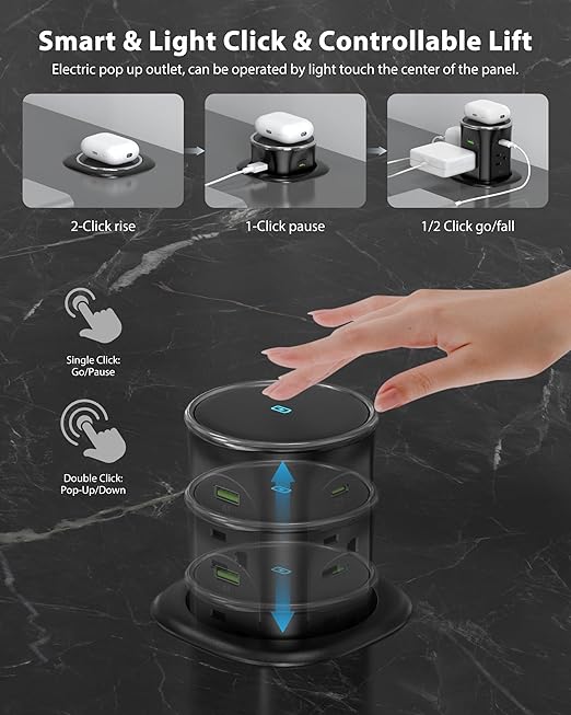 Motorized Pop Up Outlet,2 PD 45W USB C Charging Station, 3.15 in Hole Desktop Power Grommet Electrical Power Outlets Insert in 4AC 4 USB Ports 15W Wireless Charger for Kitchen Countertop