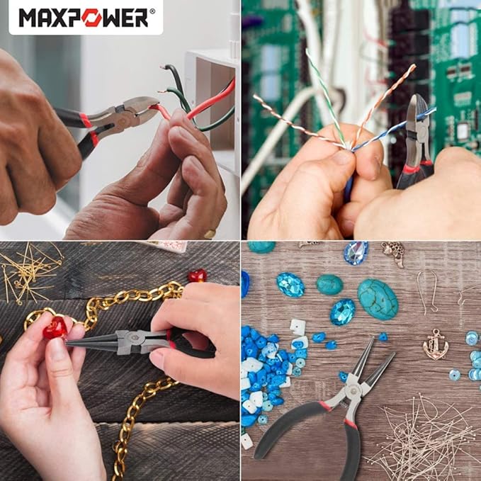 MAXPOWER Mini Jewelry Pliers Set - 8pc, Diagonal, End Cut, Bent, Combination, Flat, Needle, Round Nose (4.5-inch)