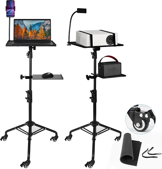 STEADUS Projector Stand Tripod – 24 to 59 Inch Adjustable Height – Dual Shelves Laptop Tripod Stand with Moveable Wheels and Phone Holder, Portable Laptop Stand for Office, Stage & Outdoor Use