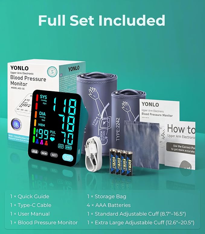 YONLO Blood Pressure Monitor, Automatic Upper Arm Blood Pressure Monitors for Home Use, 2 Blood Pressure Machine Cuff(9-17in & 13-21in) with Large LED Backlit Display, 3x199 Reading Memory Users Green